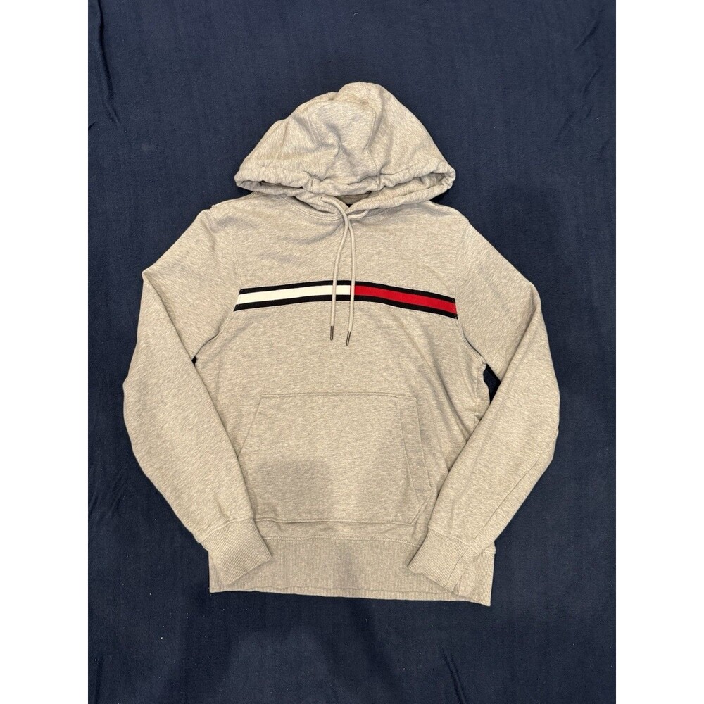 Tommy Hilfiger Colorblock Flag Logo Mens Pullover Hoodie Gray Fleece Size XS